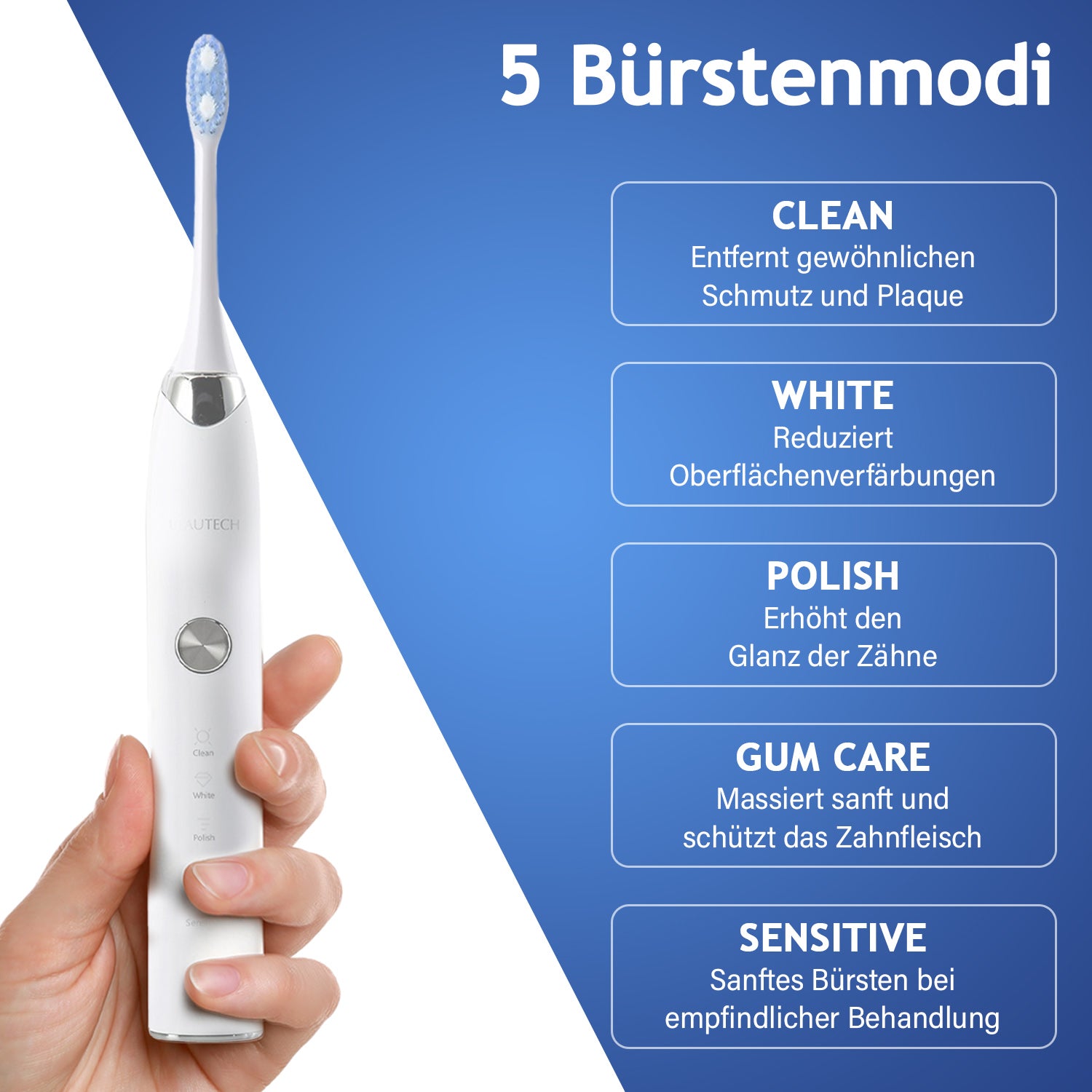 BEAUTECH 4er-Set Elektronische Schallzahnbürste mit 2 Bürstenköpfen, Wasserdicht IPX7, USB-Kabel, 5 Modi