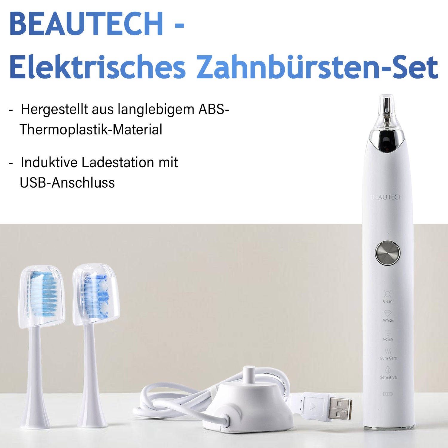 BEAUTECH 4er-Set Elektronische Schallzahnbürste mit 2 Bürstenköpfen, Wasserdicht IPX7, USB-Kabel, 5 Modi