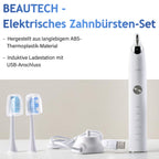 BEAUTECH 4er-Set Elektronische Schallzahnbürste mit 2 Bürstenköpfen, Wasserdicht IPX7, USB-Kabel, 5 Modi