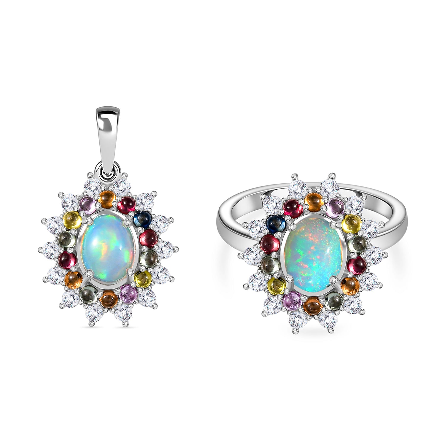 AA äthiopischer Welo Opal, Multi Saphir und Zirkon Ring und Anhänger