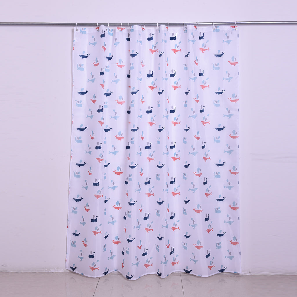 Duschvorhang mit 12 Haken und Wal-Muster, 180x180 cm, Weiß