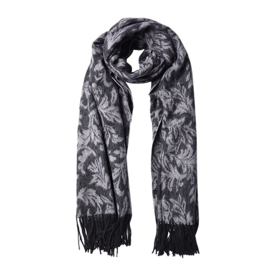 LA MAREY - 100% Lammwolle Schal, Jacquard-Blätter-Muster, 175x70+10cm, Grau