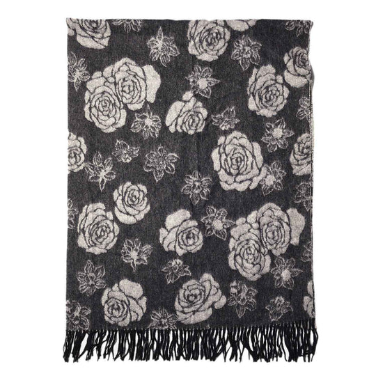 LA MAREY - 100% Lammwolle Schal, Jacquard-Blätter-Muster, 175x70+10cm, Schwarz