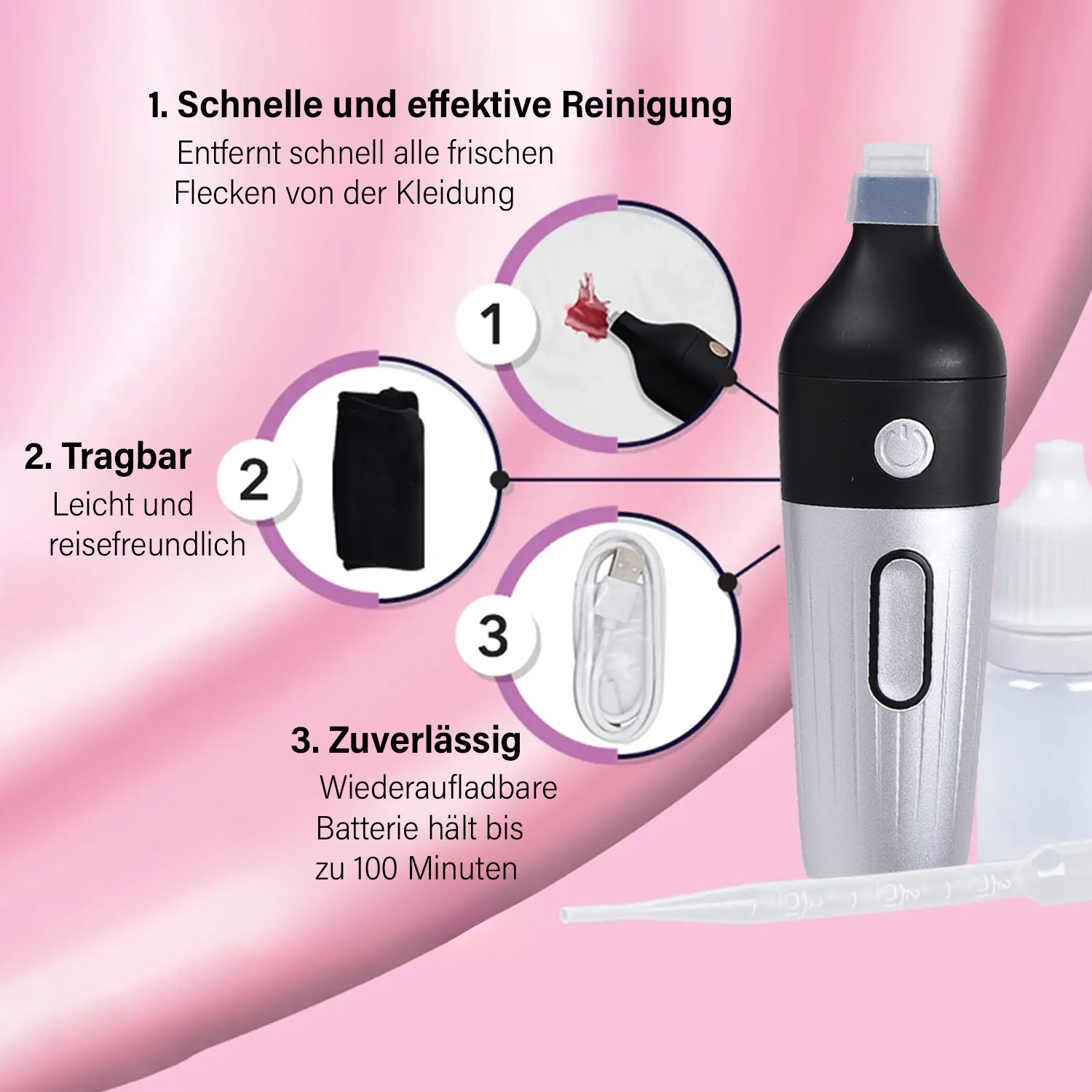 HOMESMART - Ultraschall Reinigungsstift, Zubehör inkl. und 2000mAh Batterie, 15x4,7 cm, Silber