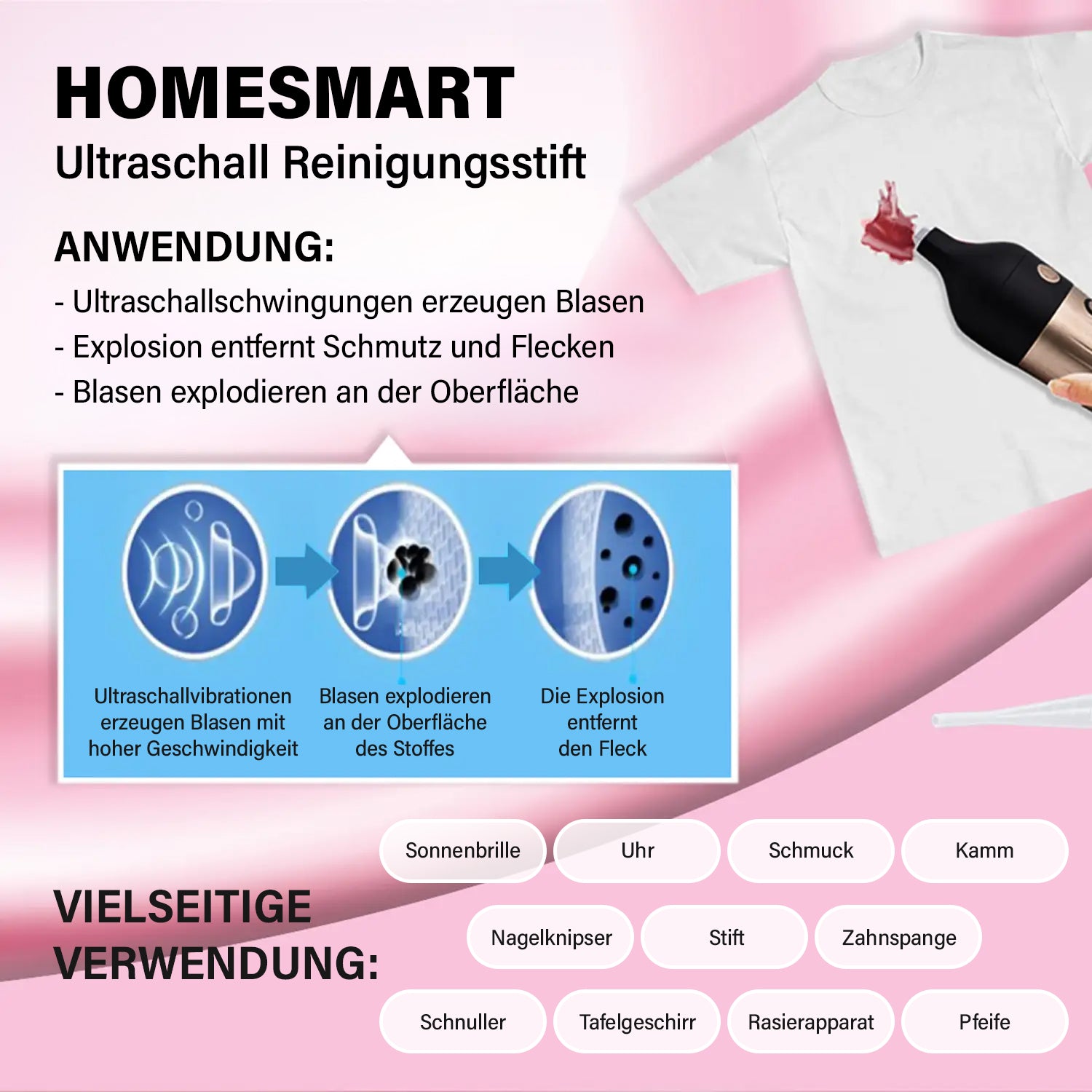 HOMESMART - Ultraschall Reinigungsstift, Zubehör inkl. und 2000mAh Batterie, 15x4,7 cm, Silber