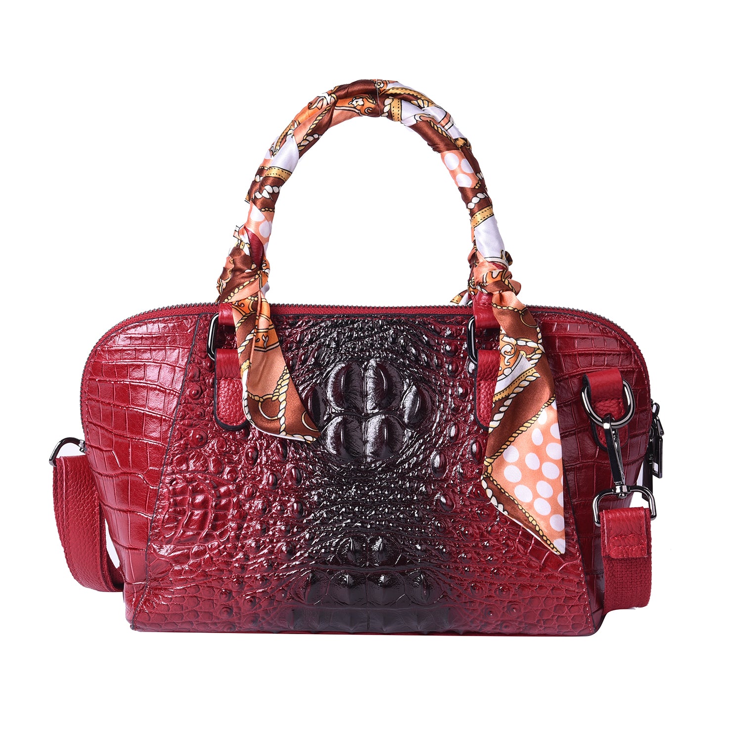 Luxushandtasche aus echtem Leder mit Kroko-Prägung und passendem Schal, Größe 25x9x19 cm, Rot