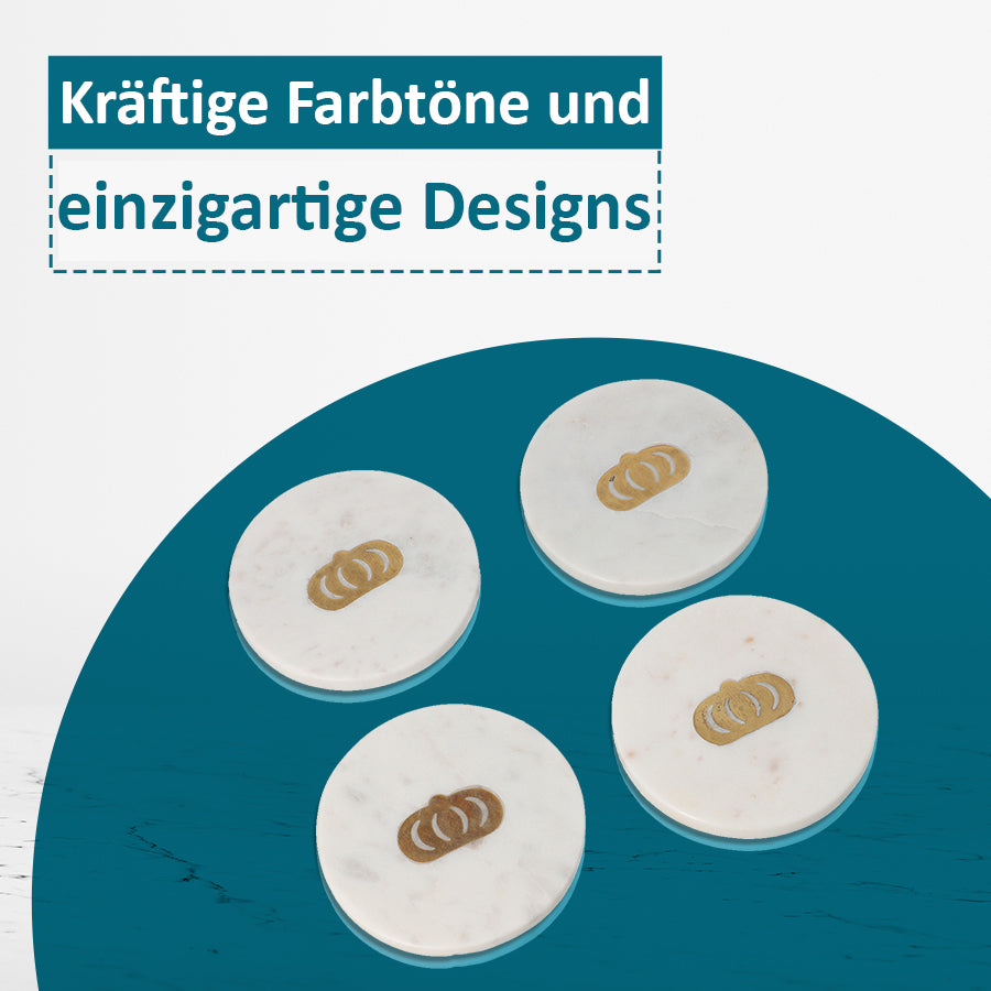 NAKKASHI - 4er-Set, Marmor Untersetzer mit Messingintarsie, Krone, Größe 10x10 cm, Weiß
