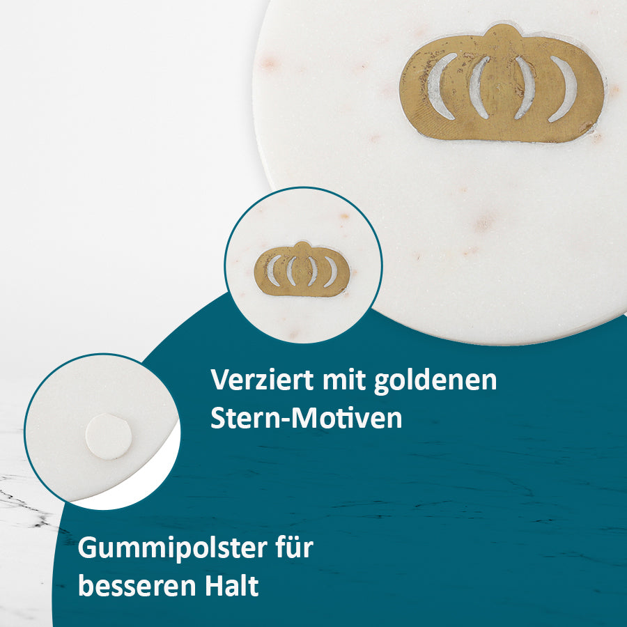 NAKKASHI - 4er-Set, Marmor Untersetzer mit Messingintarsie, Krone, Größe 10x10 cm, Weiß
