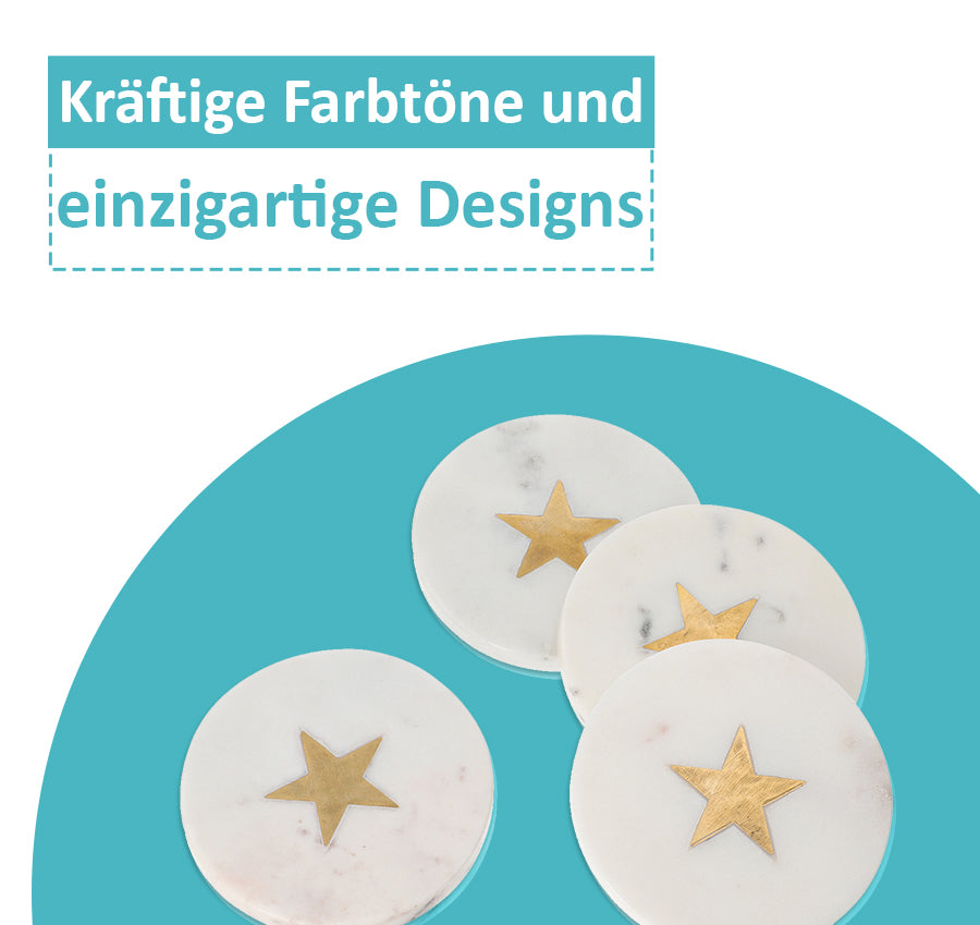 NAKKASHI - 4er-Set, Marmor Untersetzer mit Messingintarsie, Stern, Größe 10x10 cm, Weiß