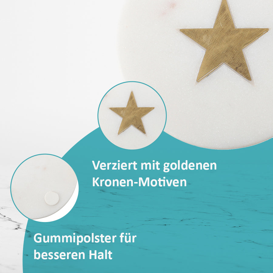NAKKASHI - 4er-Set, Marmor Untersetzer mit Messingintarsie, Stern, Größe 10x10 cm, Weiß