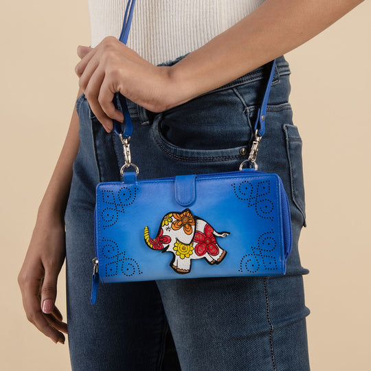 SUKRITI - 100%  echter Leder: handbemalte 2-in-1 Brieftasche und adjustable Crossbody Elephant. Größe: 20 x 2.8 x 11 Blau
