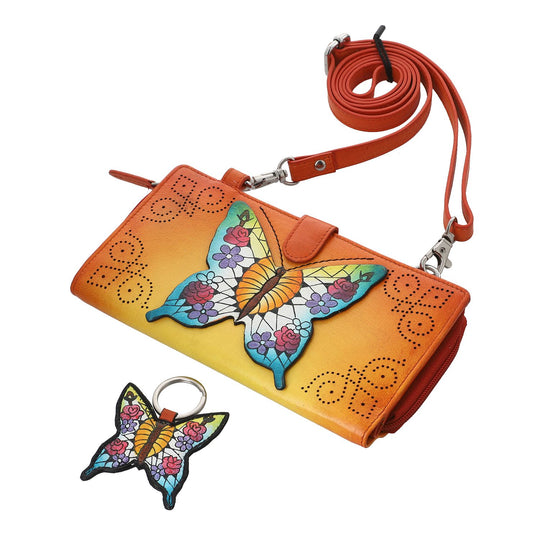 SUKRITI - 100%  echter Leder: handbemalte 2-in-1 Brieftasche und adjustable Crossbody Elephant. Größe: 20 x 2.8 x 11 Blau