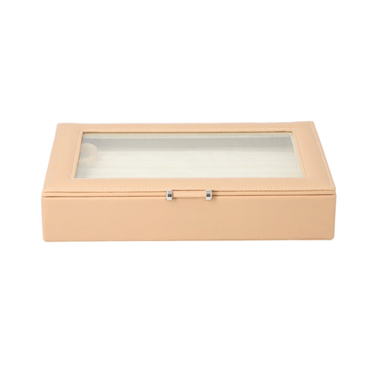 Schatulle aus Kunstleder, Platz für bis zu 100 Schmuckstücke, Glasfenster, Beige