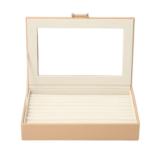 Schatulle aus Kunstleder, Platz für bis zu 100 Schmuckstücke, Glasfenster, Beige