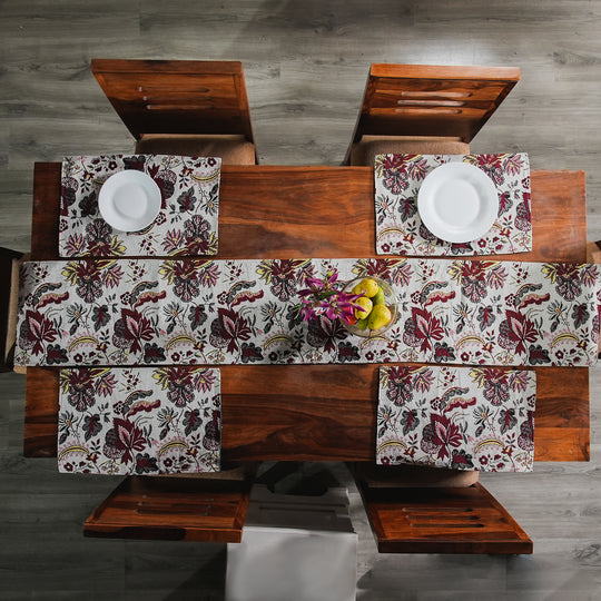5er Set: Jacquard gewebter Tischläufer und 4 Tischsets, Blumen