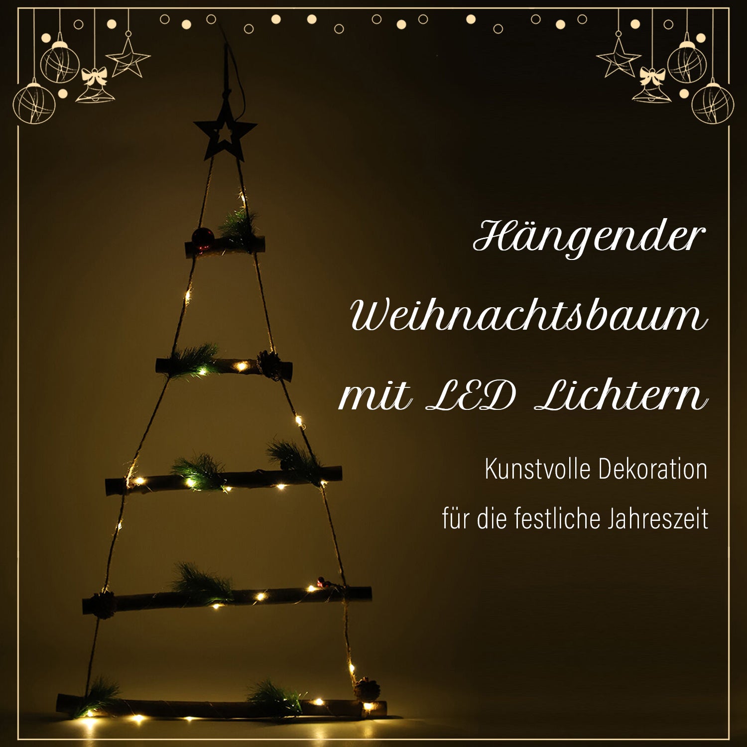Hängender, moderner Weihnachtsbaum mit 25 warmen LEDs, 3xAA Batterie (nicht inkl.), Größe 43,5x87 cm