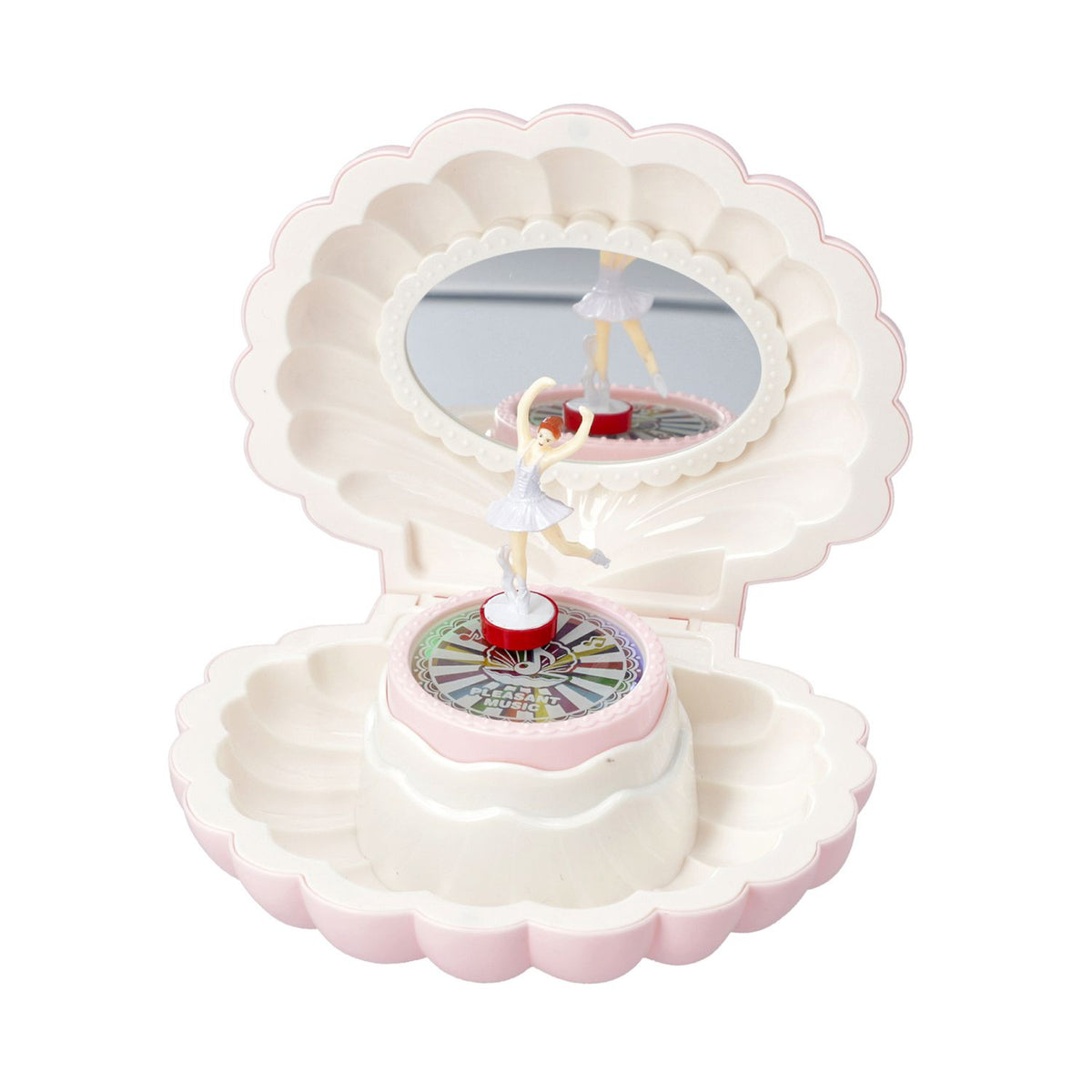 Muschel-Drehorgel mit LED-Licht und tanzender Ballerina, Spiegel, Hellrosa