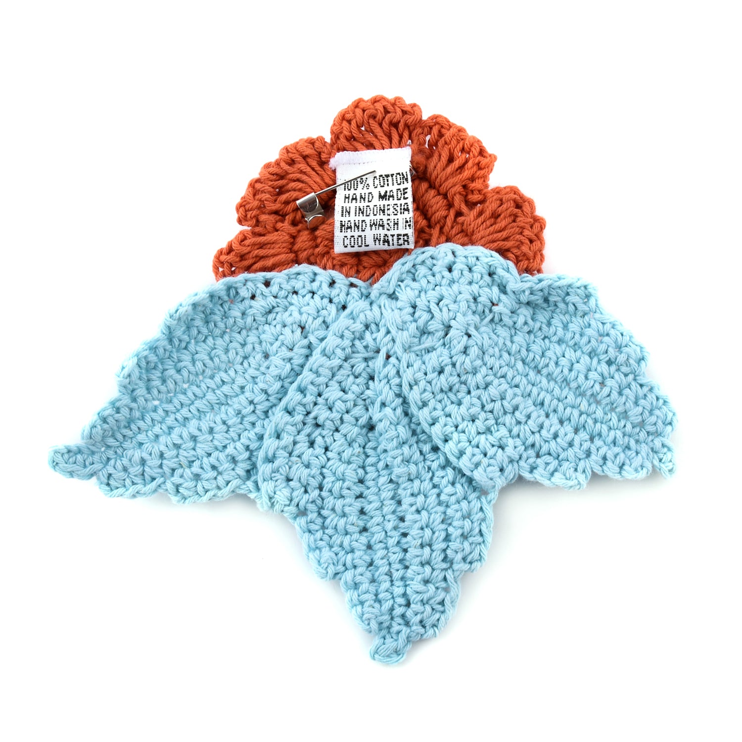 Handgefertigte Brosche mit Häkelarbeit Blumen und Blätter Design, Orange