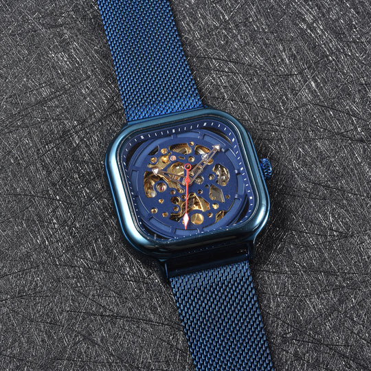GENOA - Automatikwerk Schwarzes Zifferblatt, Wasserdichte Uhr mit schwarzem Edelstahl-Gewebeband