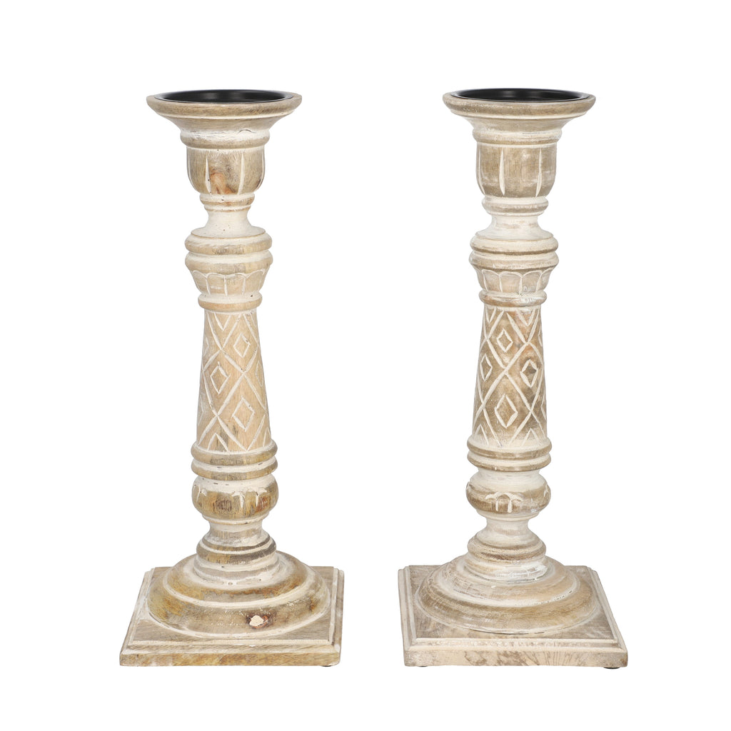Set aus 2 antiken geschnitzten Holzkerzenhaltern mit quadratischem Ständer, 38cm, Beige