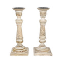 Set aus 2 antiken geschnitzten Holzkerzenhaltern mit quadratischem Ständer, 38cm, Beige