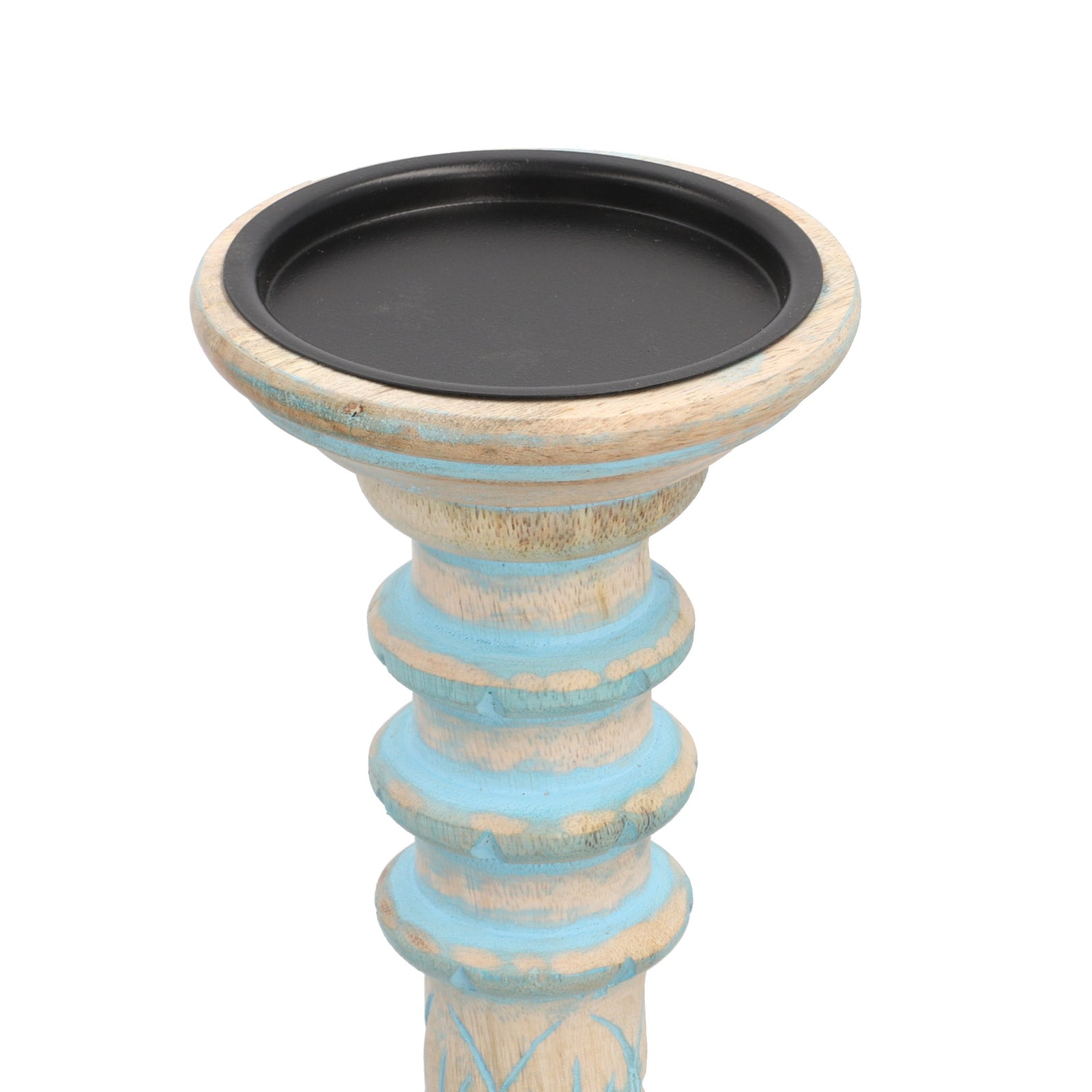 Set aus 2 antiken geschnitzten Holzkerzenhaltern mit rundem Ständer, 38cm, Hellblau