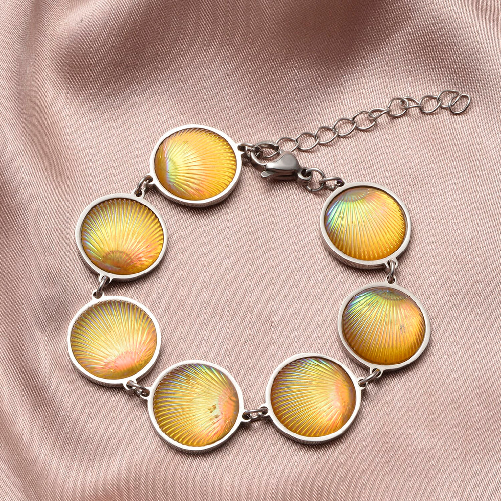 Muschel-inspiriertes Harzperlen-Design Armband, ca. 18.5 cm+ 5 cm extender, Reiner Edelstahl, Gelb