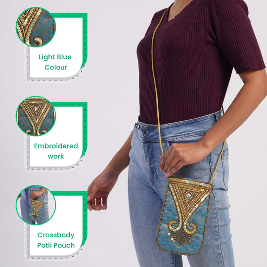 Bestickte Crossbody-Handytasche, Größe 8,5x5,25 cm, Blau