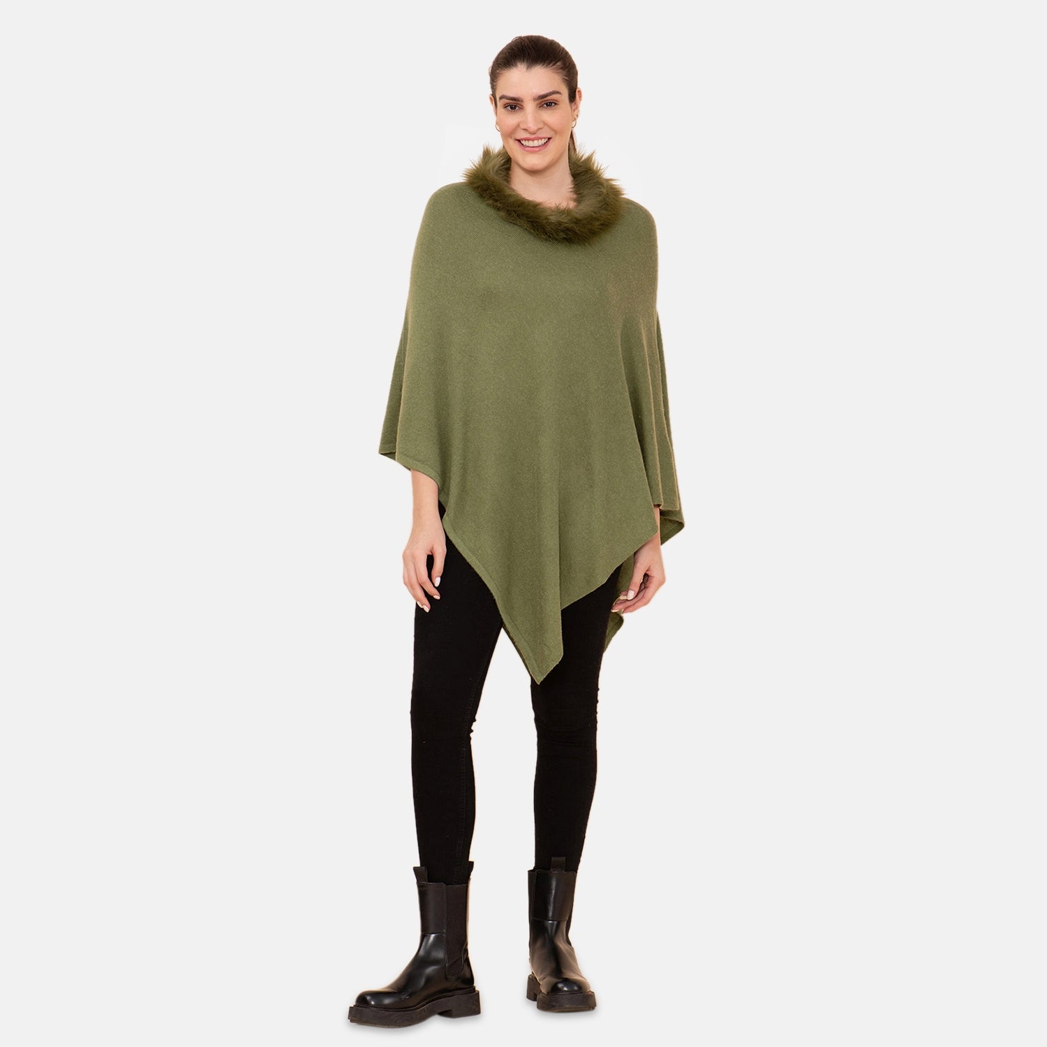 LA MAREY - Kaschmir Poncho mit Kunstfell Bordüre, Olivgrün