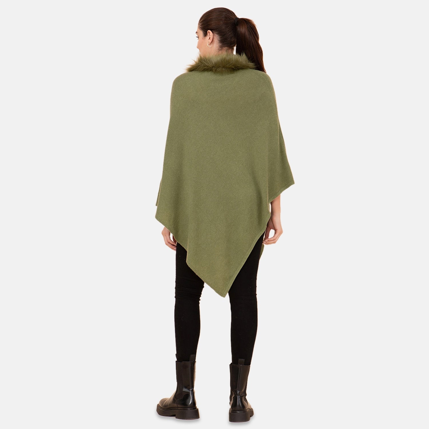 LA MAREY - Kaschmir Poncho mit Kunstfell Bordüre, Olivgrün