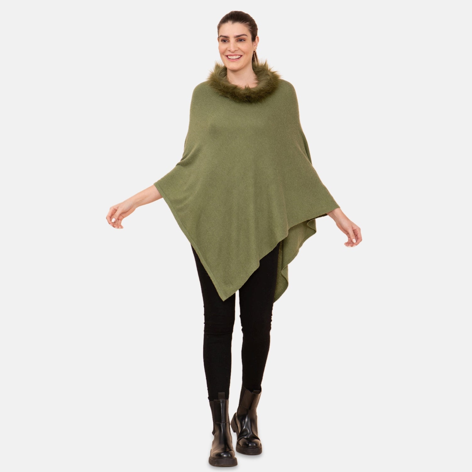 LA MAREY - Kaschmir Poncho mit Kunstfell Bordüre, Olivgrün