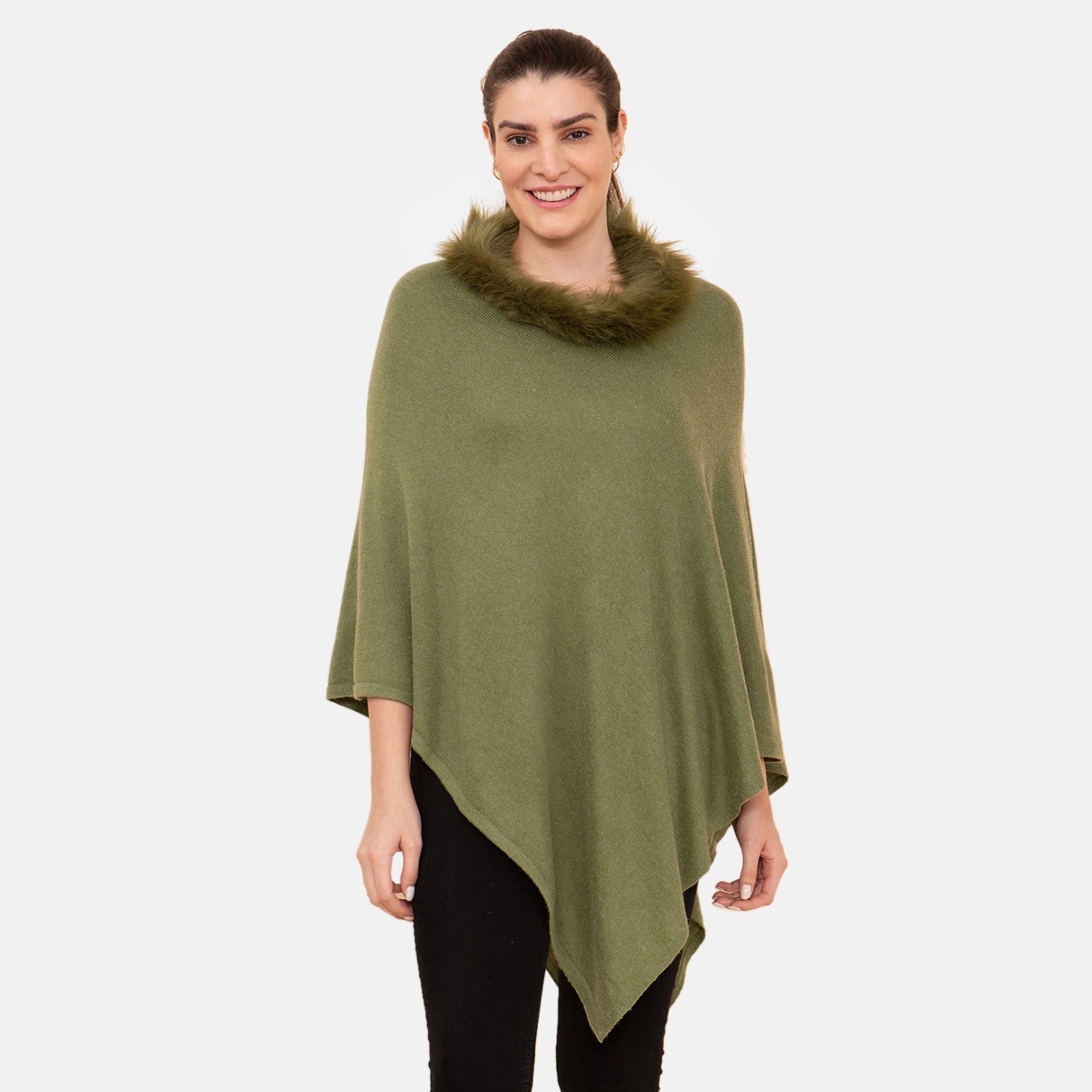 LA MAREY - Kaschmir Poncho mit Kunstfell Bordüre, Olivgrün