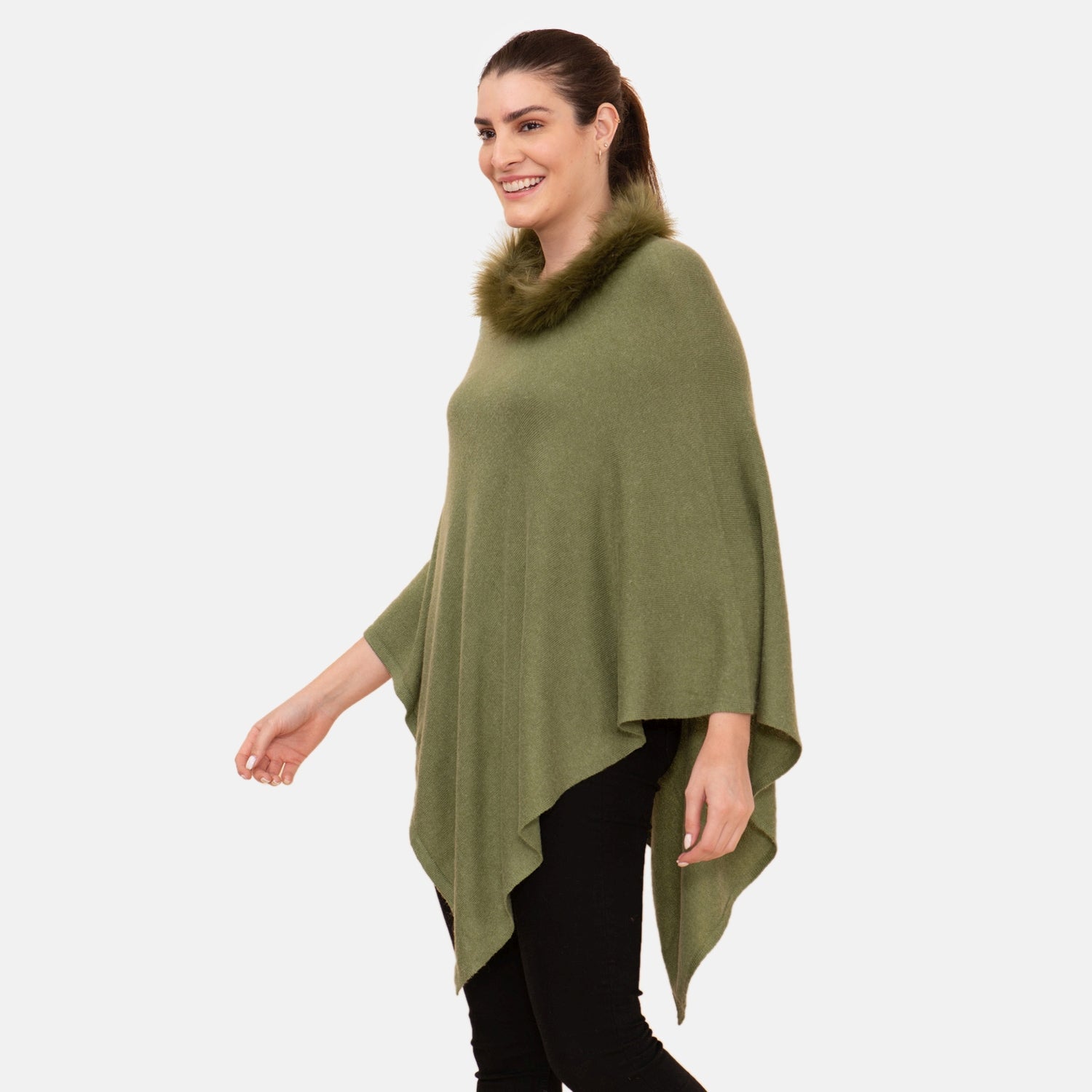 LA MAREY - Kaschmir Poncho mit Kunstfell Bordüre, Olivgrün