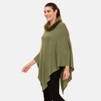 LA MAREY - Kaschmir Poncho mit Kunstfell Bordüre, Olivgrün