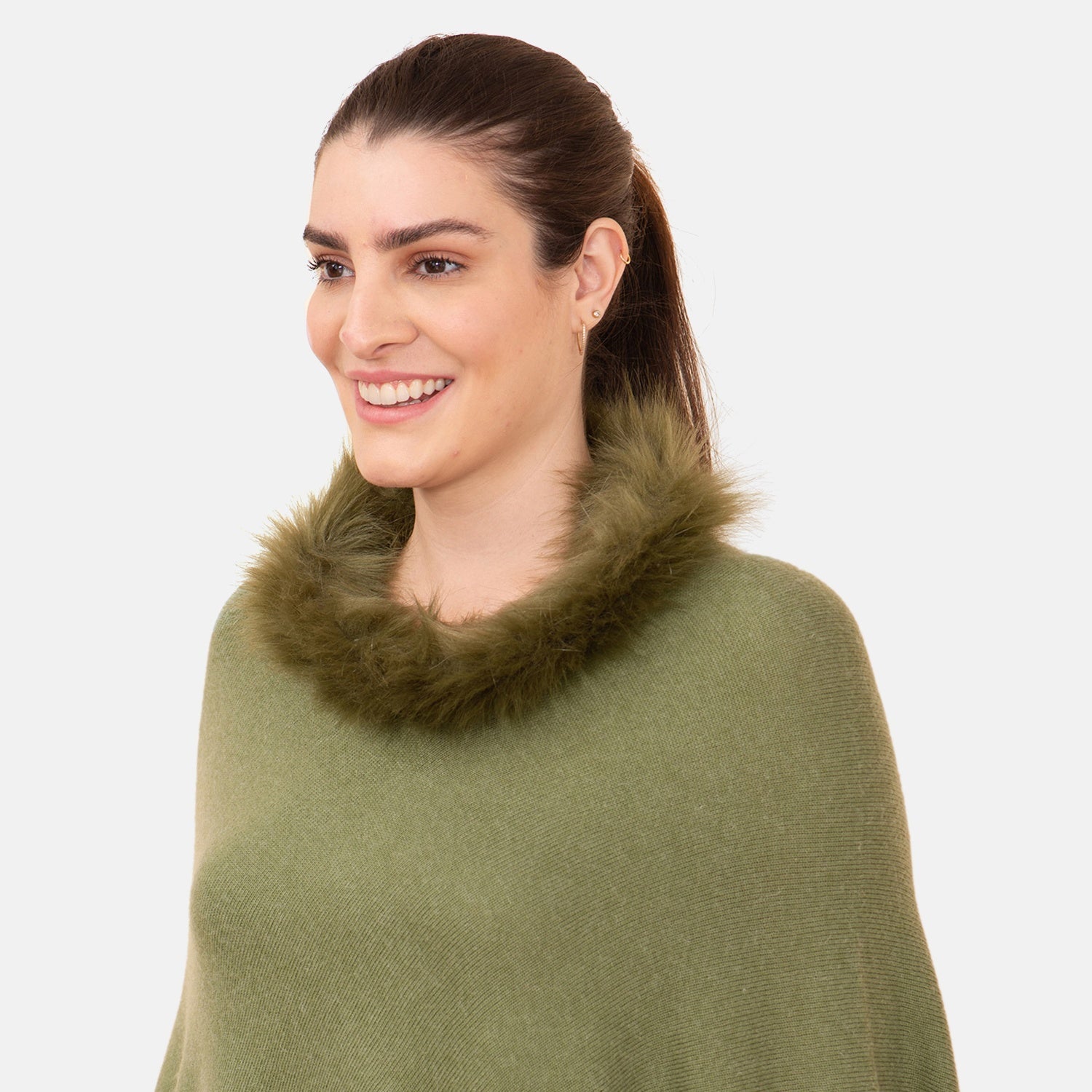 LA MAREY - Kaschmir Poncho mit Kunstfell Bordüre, Olivgrün