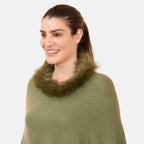LA MAREY - Kaschmir Poncho mit Kunstfell Bordüre, Olivgrün