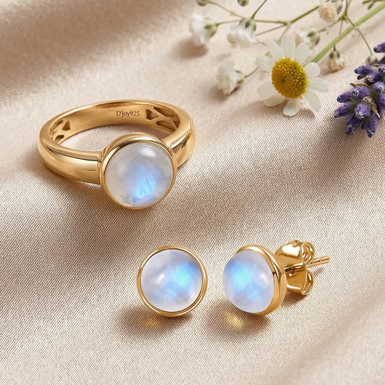 D'Joy AA Regenbogen Mondstein Ring und Ohrringe