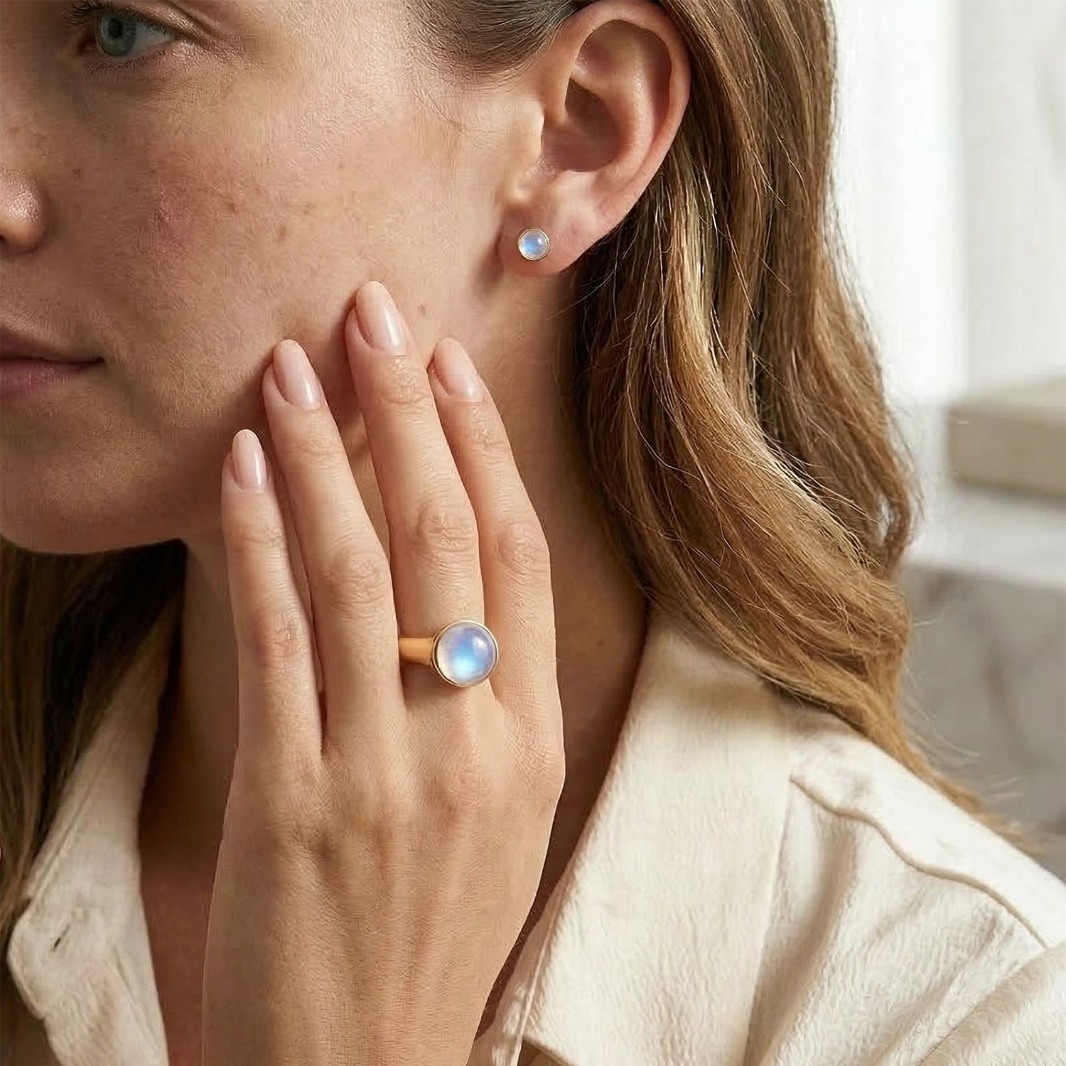 D'Joy AA Regenbogen Mondstein Ring und Ohrringe