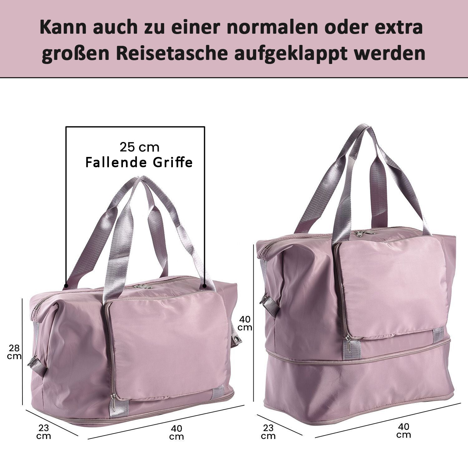 Dusky Pink Nylon Faltbare Reisetasche Größe: 40*28*23cm, 2 Steckfächer, rosa