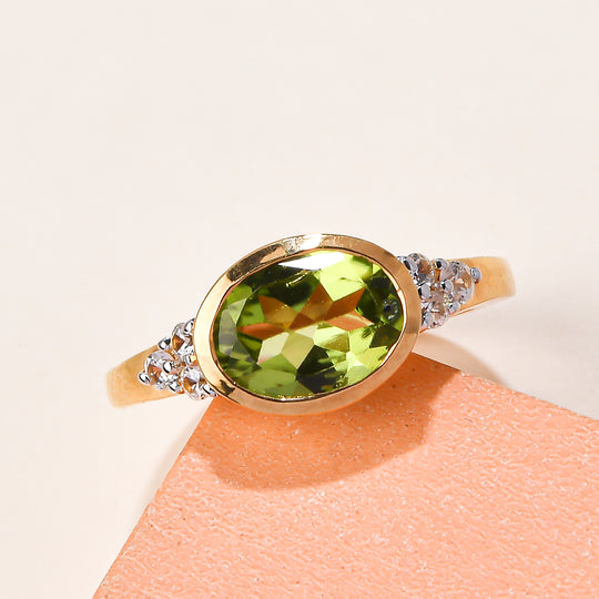 Natürlicher Peridot und weißer Zirkon-Ring, 925 Silber vergoldet ca. 2,07 ct