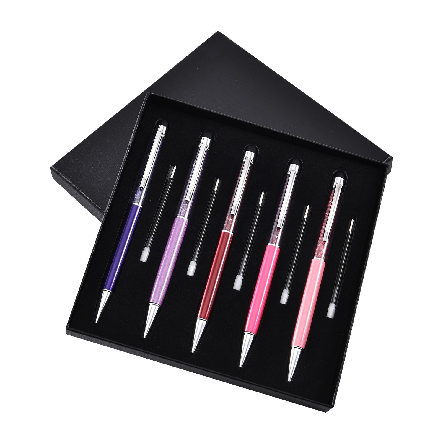 5er Set - Kristall gefüllte Aluminium-Kugelschreiber, rosa/lila