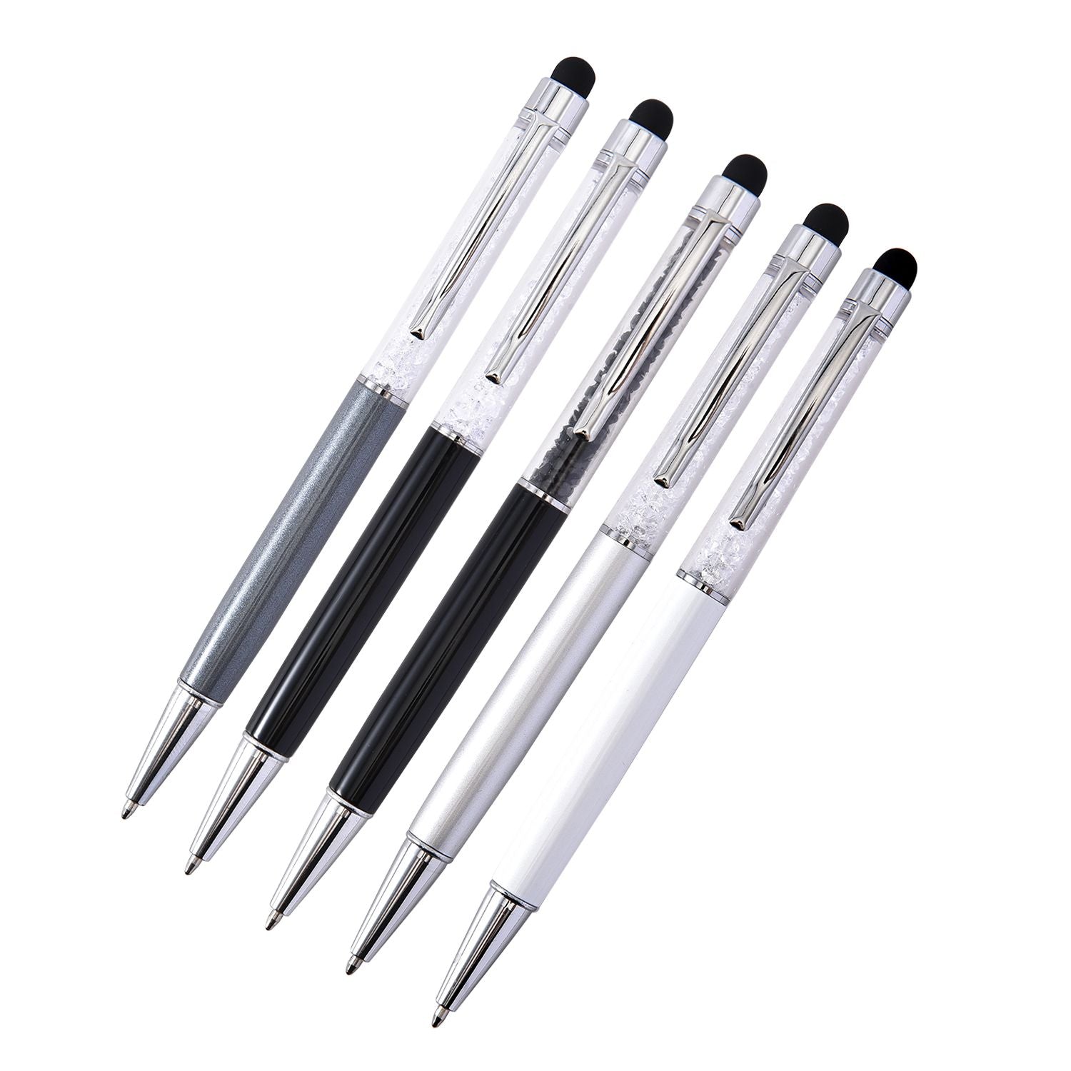 5er Set - Kristall gefüllte Aluminium-Kugelschreiber, schwarz/weiß