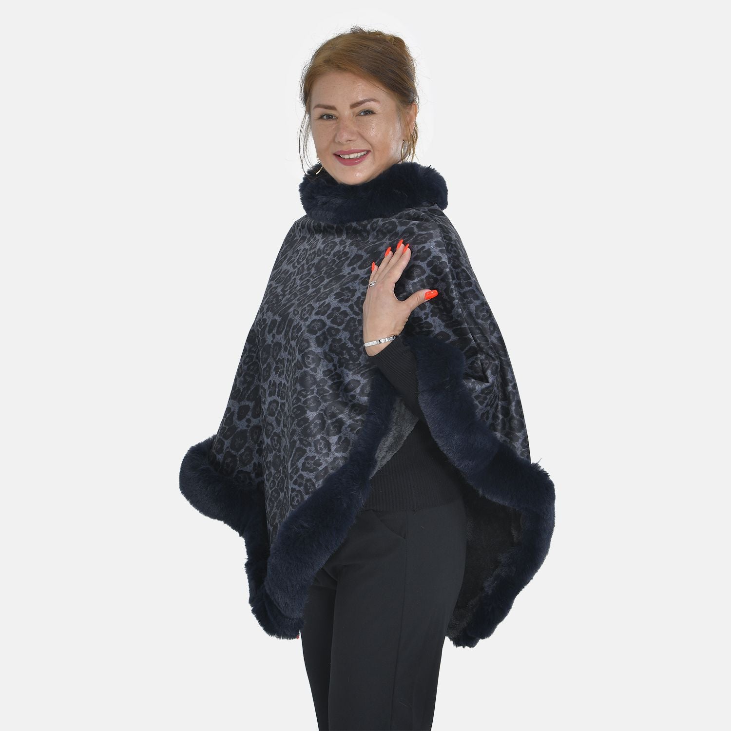 Warm und weich: Kunstpelz-Poncho mit Leopardenmuster, 70x92 cm, dunkelblau