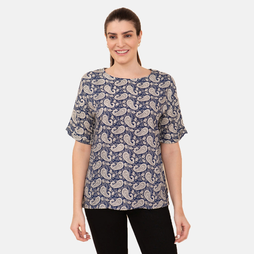 TAMSY - bedrucktes Top mit Paisleymuster, Größe 38, Blau