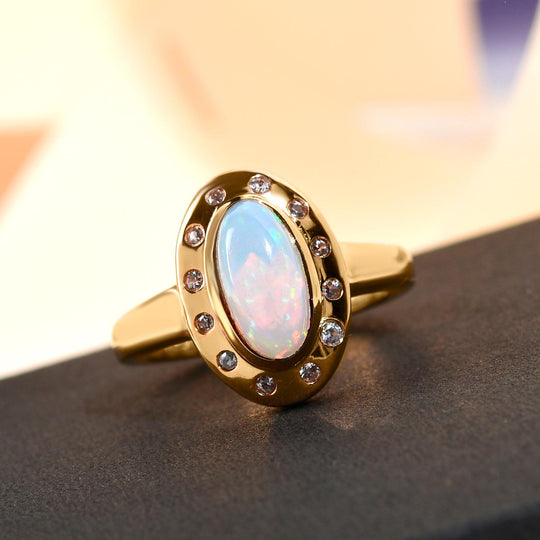 Natürlicher, äthiopischer Opal und weißer Zirkon-Ring, 925 Silber vergoldet ca. 1,17 ct