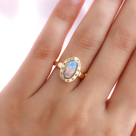 Natürlicher, äthiopischer Opal und weißer Zirkon-Ring, 925 Silber vergoldet ca. 1,17 ct
