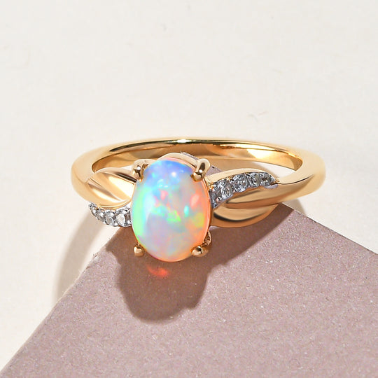 Natürlicher, äthiopischer Opal und weißer Zirkon-Ring, 925 Silber vergoldet ca. 0,88 ct