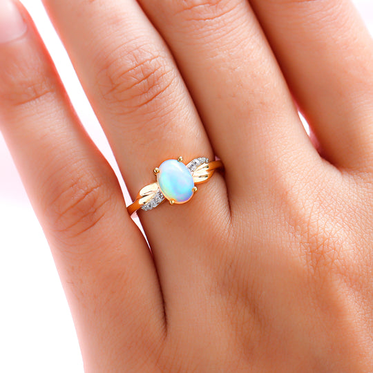 Natürlicher, äthiopischer Opal und weißer Zirkon-Ring, 925 Silber vergoldet ca. 0,88 ct