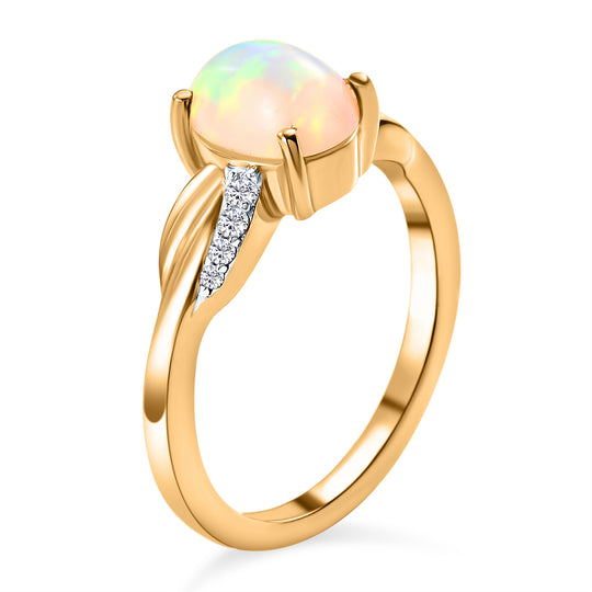 Natürlicher, äthiopischer Opal und weißer Zirkon-Ring, 925 Silber vergoldet ca. 0,88 ct