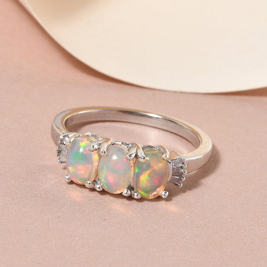 Natürlicher, äthiopischer Opal und weißer Diamant-Ring, 925 Silber platiniert ca. 1,07 ct